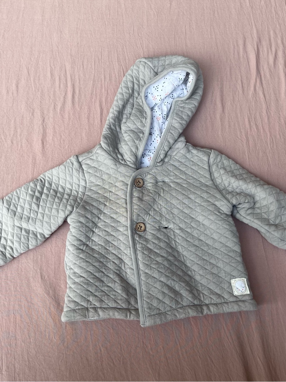Mac & Moon Quilted Hooded Baby Jacket in Light Gray 12M